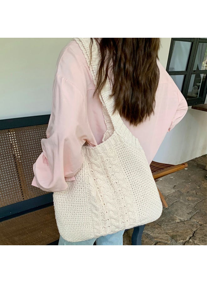 Artistic Vintage Large Capacity Cable Knit Handbag Tote Crossbody Bag For Women High Quality Ladies Purse-Color:Khaki - Image 2