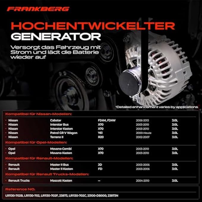 Frankberg Alternator Generator 135A Compatible with Master II Bus JD 3.0L Diesel 2003-2010 Mascott Box 3.0L Diesel 2004-2010 Terrano II R20 3.0L 2002-2007 Replace# 23100-DB000 - Image 3