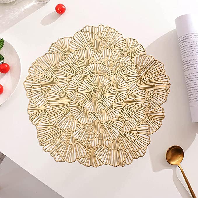 Dakshya Industries Dakshya Industries PVC Pack of 4 Firkari Shape Design Placemats Cutwork Design for Kitchen Restaurant Dressing Table Mats and Dining Table Mats Gold - Image 4