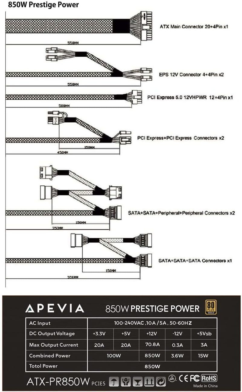 APEVIA ATX-PR850W PCIe 5.0 & ATX 3.0 Ready Prestige 850W 80+ Gold Certified, Gen 5 12VHPWR Connector, Active PFC ATX Gaming Power Supply - Image 5