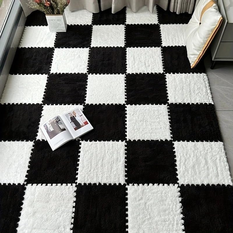 CLICKSY Plush Puzzle Foam Floor Mat for Kids- Thick Interlocking Fluffy Tiles with Border Square Rug Split Joint Soft Climbing Carpet Mats Shaggy Area Rug for Room Floor(11.8 Inch, White&Grey) (20) - Image 3