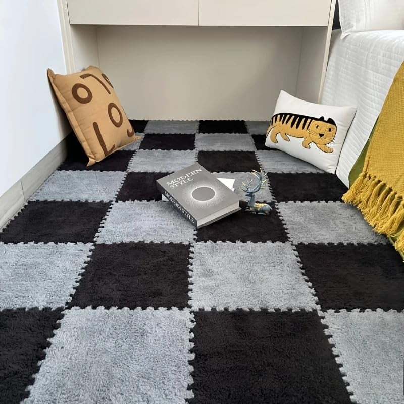 CLICKSY Plush Puzzle Foam Floor Mat for Kids- Thick Interlocking Fluffy Tiles with Border Square Rug Split Joint Soft Climbing Carpet Mats Shaggy Area Rug for Room Floor(11.8 Inch, White&Grey) (20) - Image 1