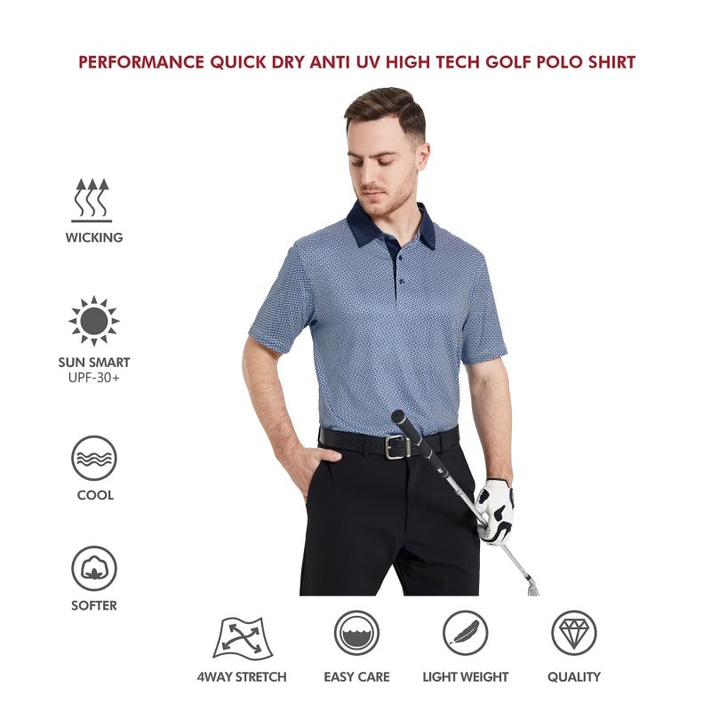 M MAELREG Golf Shirts for Men Dry Fit Short Sleeve Print Performance Moisture Wicking Polo Shirt Bluish Umbrella - Image 5