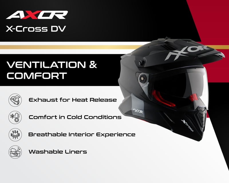 Axor X-Cross Dual Visor SC ISI ECE DOT Certified Full Face Dual Sport Peak Off Road Helmet for Men and Women- Dull Black Red-XL - Image 3