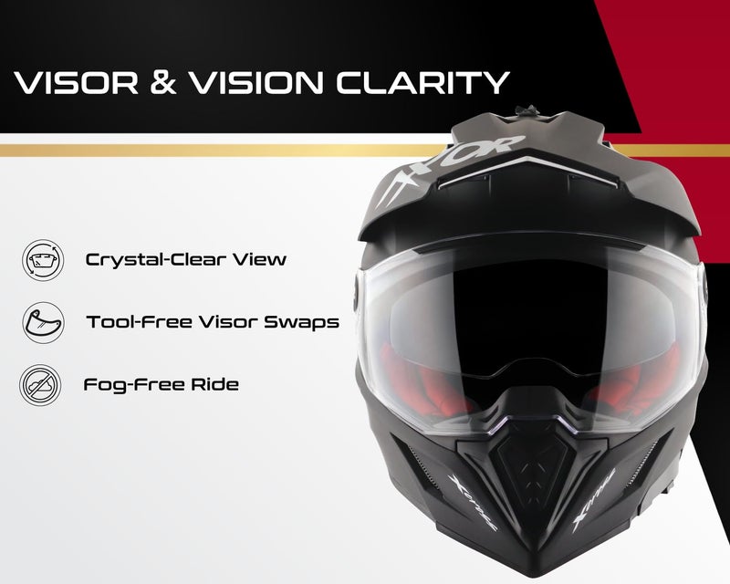 Axor X-Cross Dual Visor SC ISI ECE DOT Certified Full Face Dual Sport Peak Off Road Helmet for Men and Women- Dull Black Red-XL - Image 4