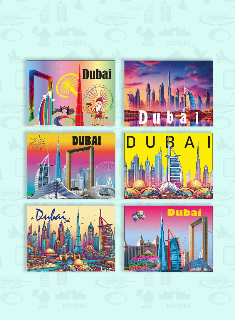Souvenir Souq Dubai Iconic Foil Magnets 6pcs Set crafted from metallic foil, highlighting Dubai city skyline—perfect Dubai souvenir or gift. - Image 1