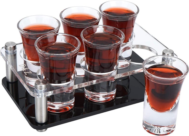 DZ Shot Glass Set of 6 with Serving Tray, Stylish and Modern Holder for Drinking, Serving, Display and Storage, 1 oz (30 ml) Tasting Glass for Restaurant, Bar, Family Gathering, Handy Party Tool - Image 1