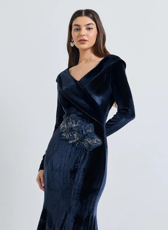 ستايلي Navy Blue Embellished Velvet-Look Mermaid Hem Maxi Dress