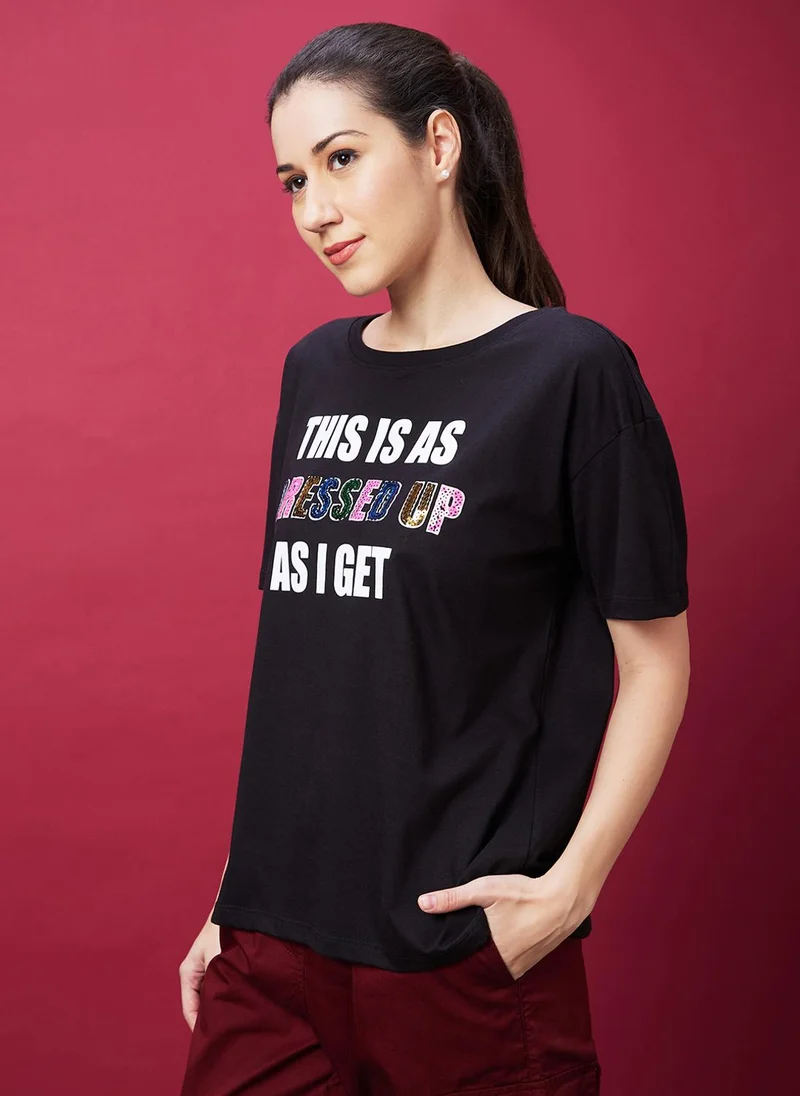 globus Globus Women Black Typography Printed Pure Cotton Oversized T-Shirt