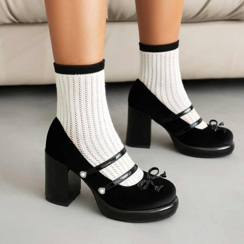 2024 Spring Fashion Thick Bottom High Heeled Round Head 33-43 Size Code Solid Color Shallow Mouth Single Shoes - Image 3