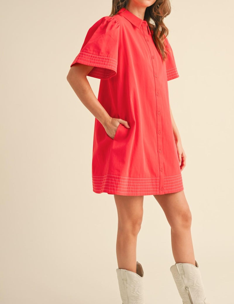 Meyhad Womens Short Sleeve Button Down Mini Shirt Dress Lapel Collar Short Dresses with Pocket(0942-CoralRed-S) - Image 3