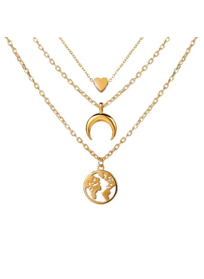 Osluxe Gold Plated Moon, Star & World Layered Necklace for Women – Anti-Tarnish, Waterproof (OSL-145) - Image 1