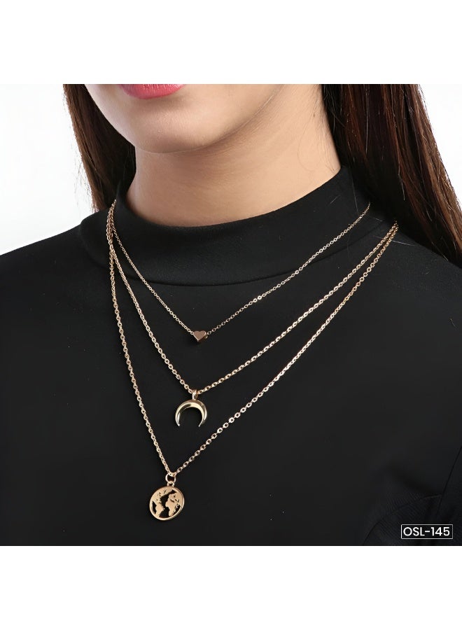 Osluxe Gold Plated Moon, Star & World Layered Necklace for Women – Anti-Tarnish, Waterproof (OSL-145) - Image 2