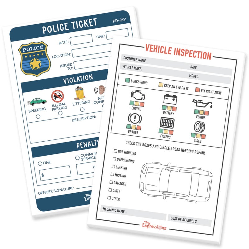 Tiny Expressions Pretend Play Notepads - 2-Pack Kids - 40 Pages Police Ticket & 40 Pages Vehicle Inspection Pads - Police Officer & Mechanic Imaginative Role Play - Image 1