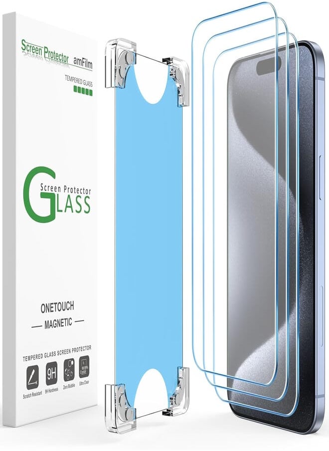 Amfilm amFilm Easiest Installation Magnetic OneTouch for iPhone 15 Pro Max 6.7" Screen Protector (3 Pack) 