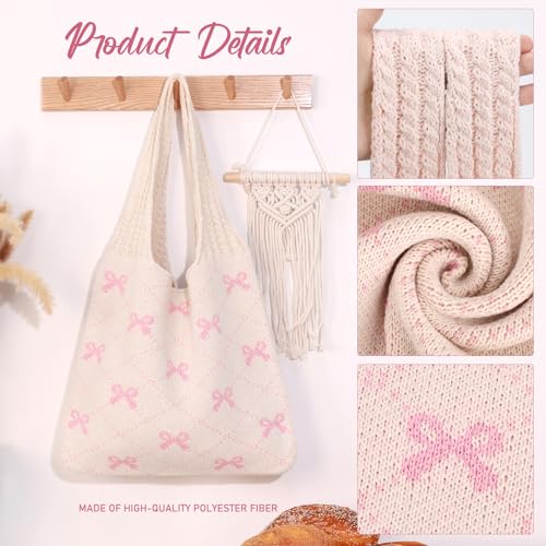 KPX Crochet Tote Bag, Beach Mesh Knitted Bag Large Aesthetic Shoulder Hobo Handbags for Women Summer (Bow Style, Pink) - Image 4