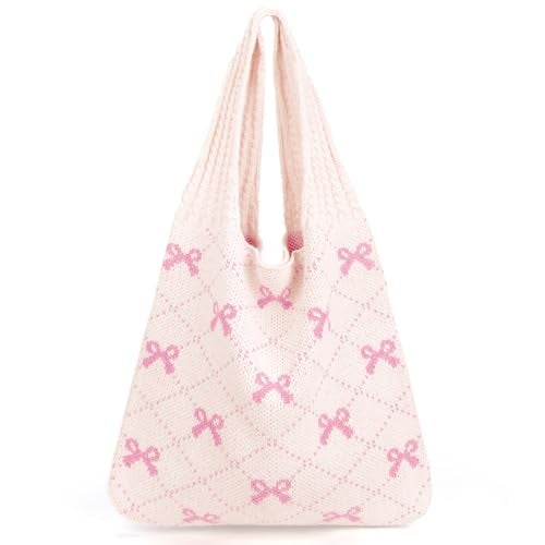 KPX Crochet Tote Bag, Beach Mesh Knitted Bag Large Aesthetic Shoulder Hobo Handbags for Women Summer (Bow Style, Pink) - Image 1