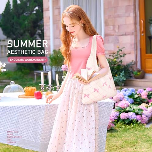 KPX Crochet Tote Bag, Beach Mesh Knitted Bag Large Aesthetic Shoulder Hobo Handbags for Women Summer (Bow Style, Pink) - Image 3