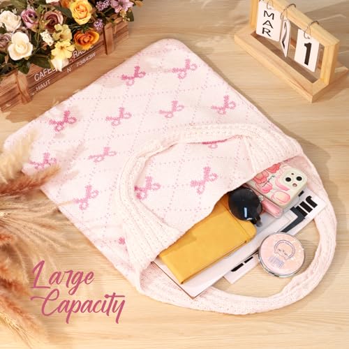 KPX Crochet Tote Bag, Beach Mesh Knitted Bag Large Aesthetic Shoulder Hobo Handbags for Women Summer (Bow Style, Pink) - Image 5