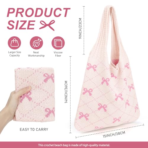 KPX Crochet Tote Bag, Beach Mesh Knitted Bag Large Aesthetic Shoulder Hobo Handbags for Women Summer (Bow Style, Pink) - Image 2