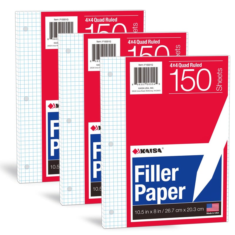 Kaisa Loose Leaf Paper Filler Paper, 8""X10.5"" Graph Ruled/Quad Rule Filler Paper 3-Hole Punched, Loose-Leaf Paper For 3-Ring Binders,150Sheet/Pack, 3Pack F15001Q - Image 1