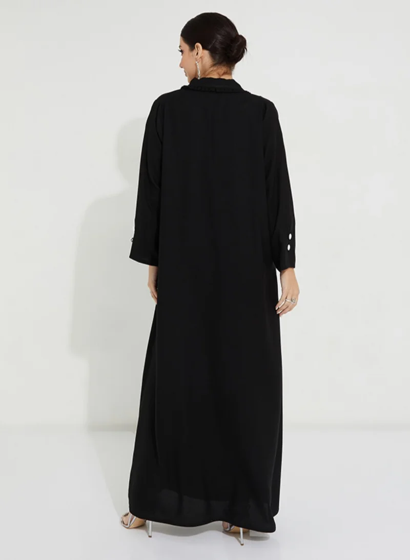 Rosette Abaya Neck Black Pleated