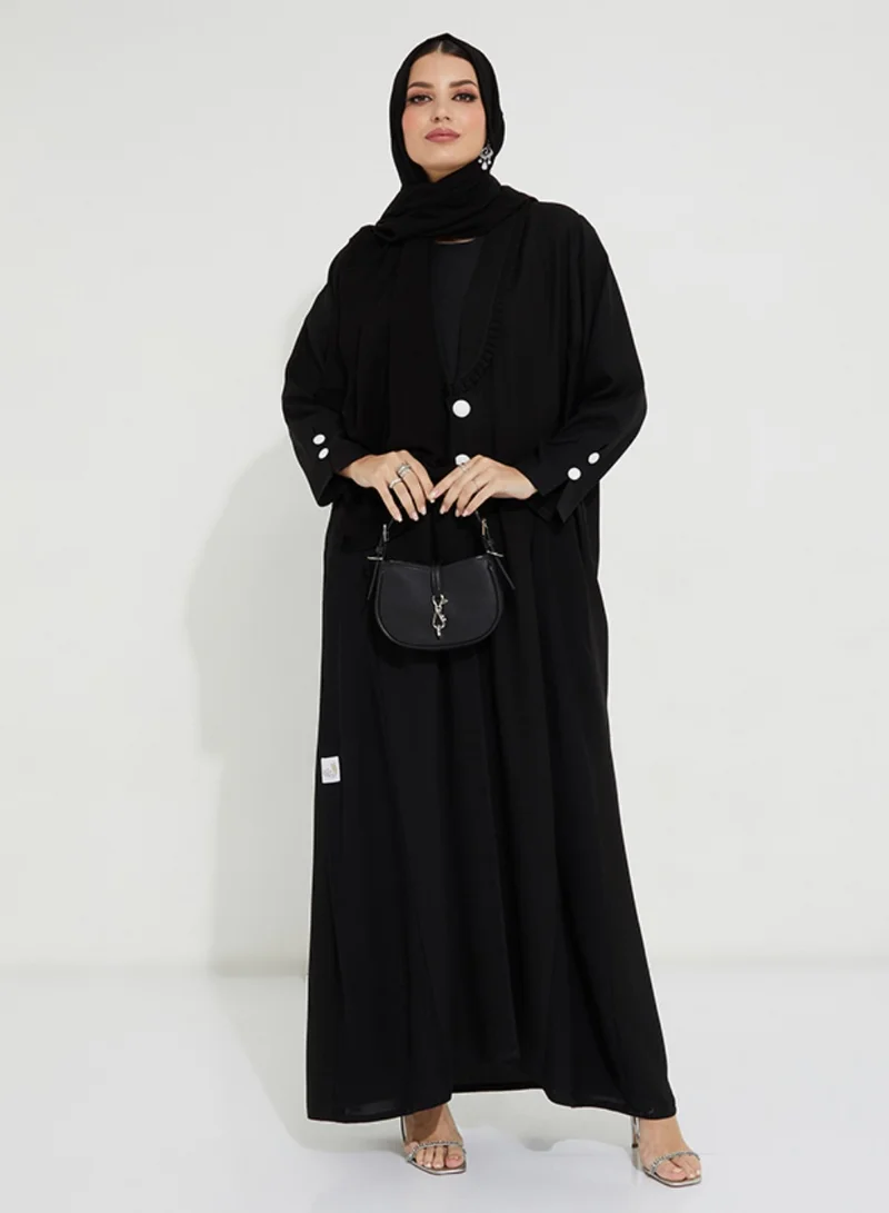 Rosette Abaya Neck Black Pleated
