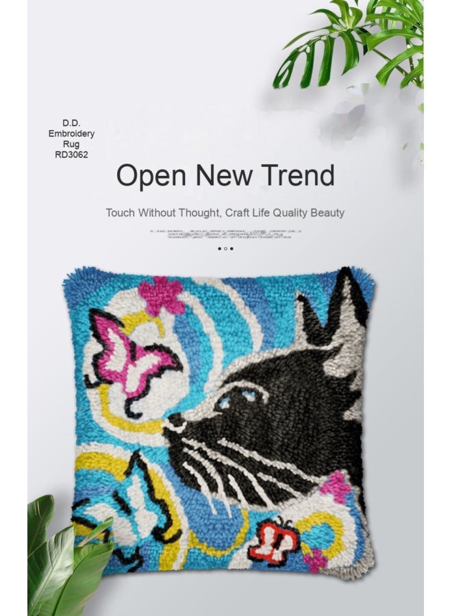 NeeMee Cat & Butterfly Latch Hook Pillow Cover DIY Latch Hook Cushion Kit Colorful Handmade Throw Pillow for Home Decor - Image 1