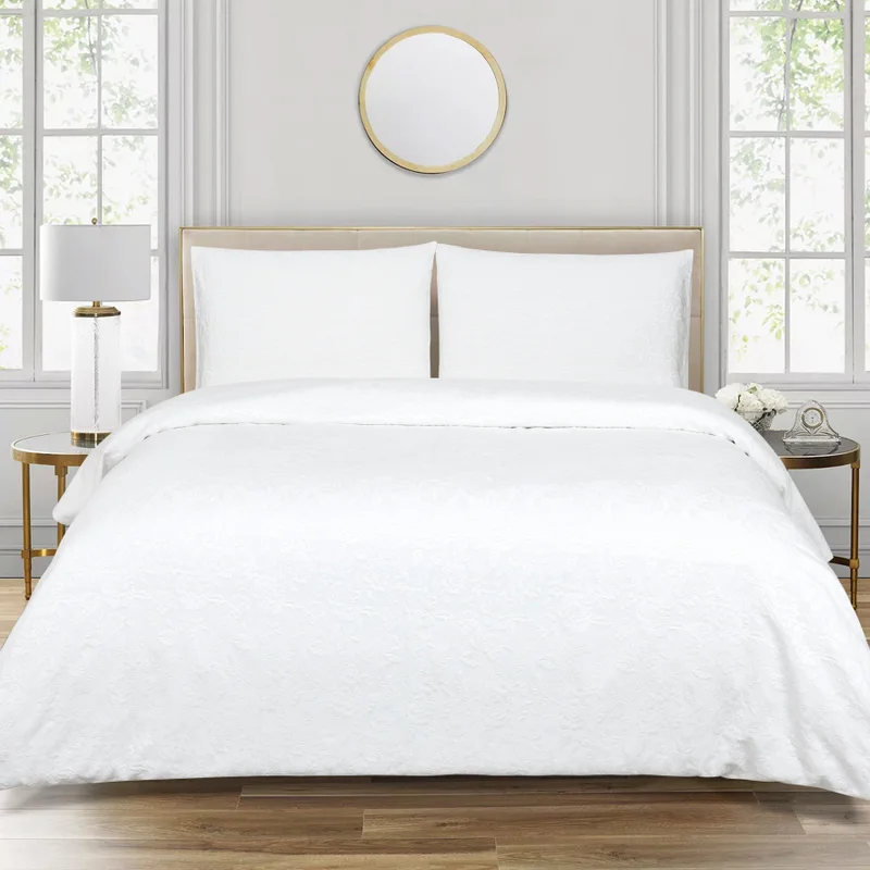 DWELL Dwell-Floral Jacquard 3Pc Duvet Cover Set-Duvet Cover - 240 x 220 CM, Fitted Sheet - 180 x 200 x 38 CM Pillow cases 50 x 80 CM-White