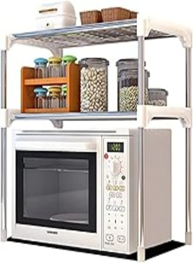 Double Metal Microwave Oven Stand with 2 Shelves for Organization and Storage, Kitchen and Bathroom, White Silver