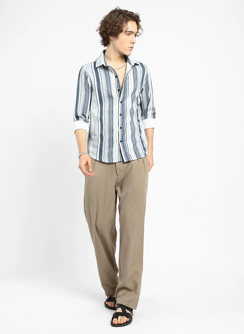 Campus Sutra Men's Indigo Blue Multitrack-Striped Shirt