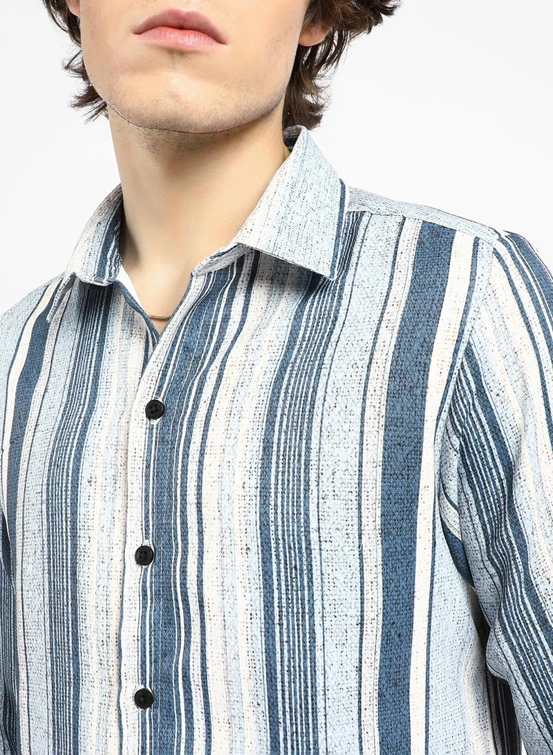 Campus Sutra Men's Indigo Blue Multitrack-Striped Shirt