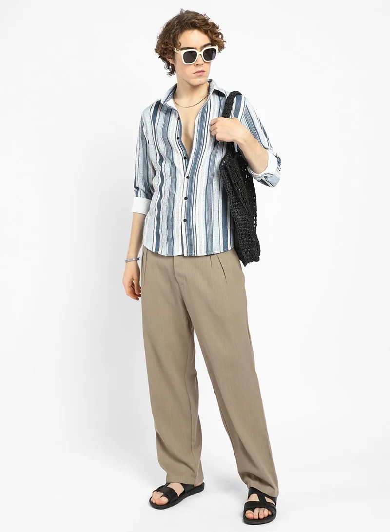 Campus Sutra Men's Indigo Blue Multitrack-Striped Shirt