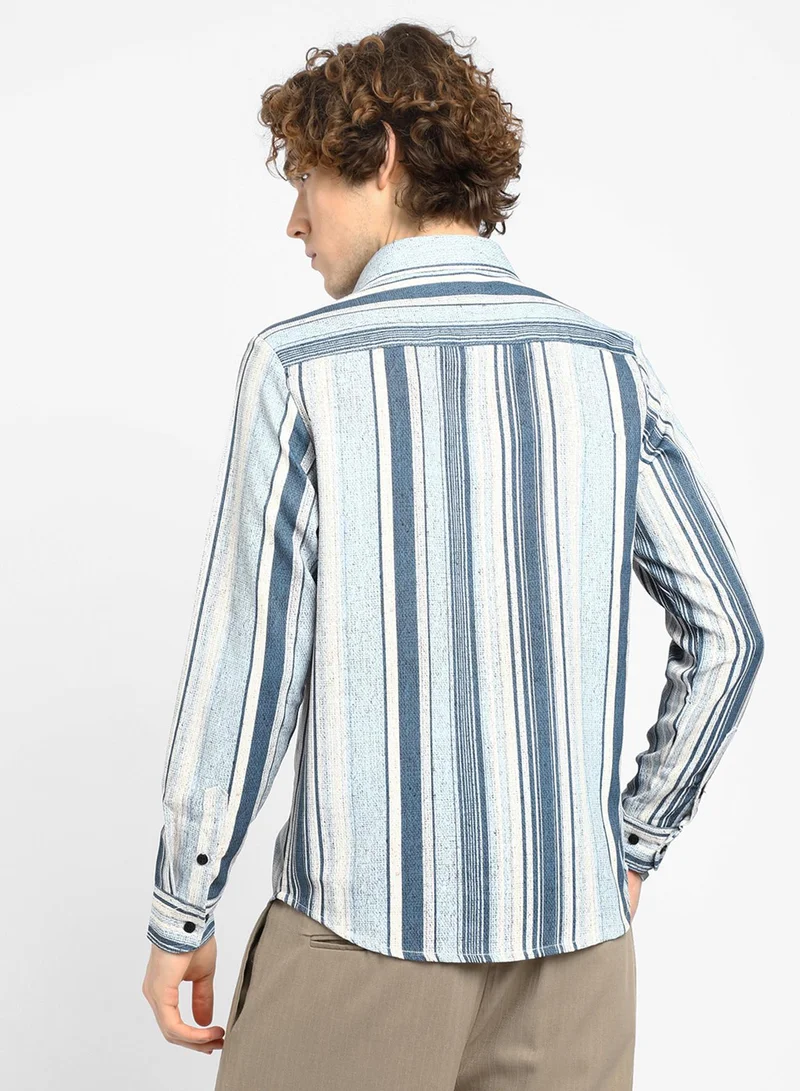 Campus Sutra Men's Indigo Blue Multitrack-Striped Shirt