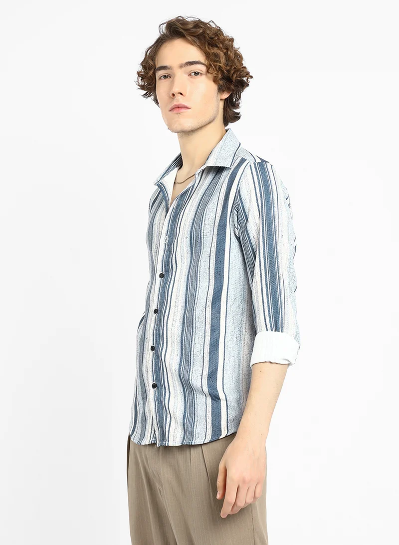 Campus Sutra Men's Indigo Blue Multitrack-Striped Shirt