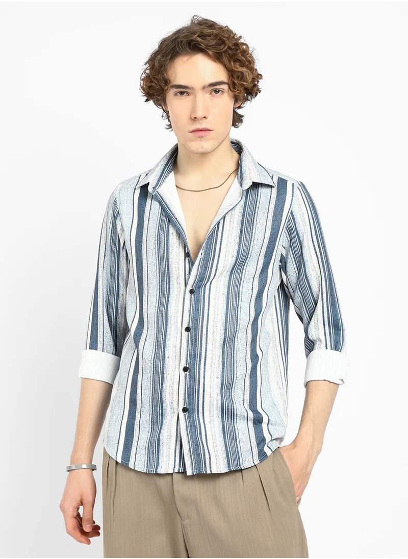 كامبوس سوترا Men's Indigo Blue Multitrack-Striped Shirt