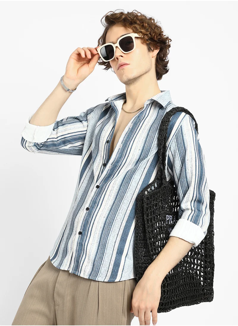 كامبوس سوترا Men's Indigo Blue Multitrack-Striped Shirt