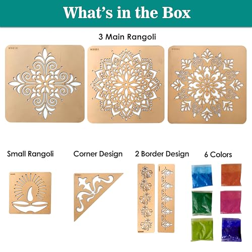 SWAGSTATION DIY Rangoli Designs Tools Kit with Rangoli Stencils Set - 6 Rangoli Color Set (Wood, 30x 30 cm) 3 in 1 Set, Rangoli Stencils Big Size - Image 3