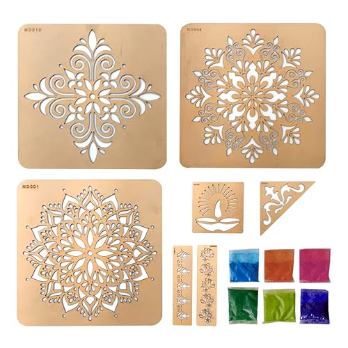 SWAGSTATION DIY Rangoli Designs Tools Kit with Rangoli Stencils Set - 6 Rangoli Color Set (Wood, 30x 30 cm) 3 in 1 Set, Rangoli Stencils Big Size - Image 1