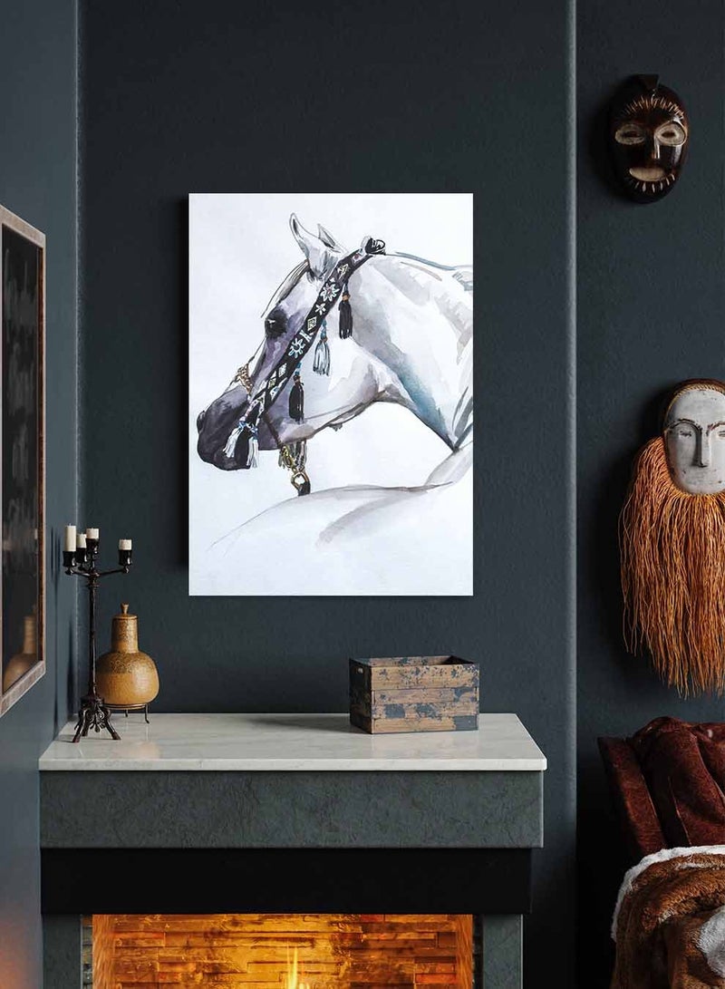 LOWHA Framed Canvas Wall Art Stretched Over Wooden Frame, Arabian White Horse Painting, For Home, Living Room, Office Decor - Image 1