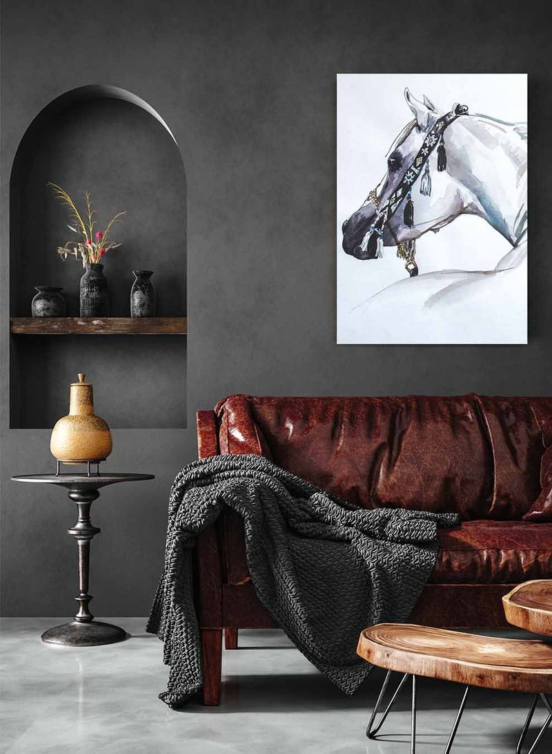 LOWHA Framed Canvas Wall Art Stretched Over Wooden Frame, Arabian White Horse Painting, For Home, Living Room, Office Decor - Image 2