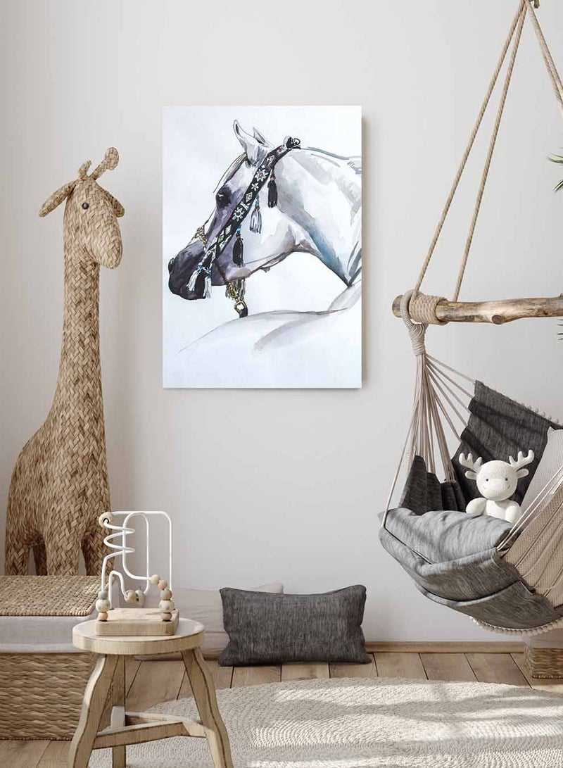 LOWHA Framed Canvas Wall Art Stretched Over Wooden Frame, Arabian White Horse Painting, For Home, Living Room, Office Decor - Image 3