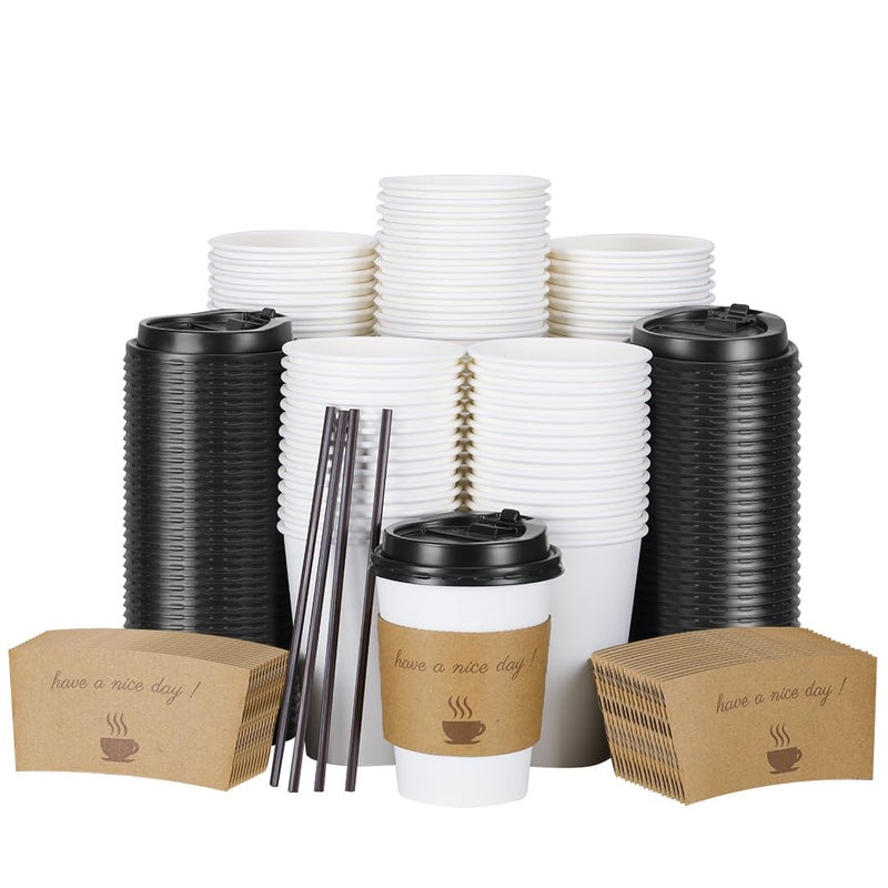BYSNOW 100 pack 12 oz Disposable Thickened Coffee Cups with Lids Scald Resistant Hot Cup with Sleeve and Straw To Go Coffee Cups for Home Office Cafes and Party White 12oz