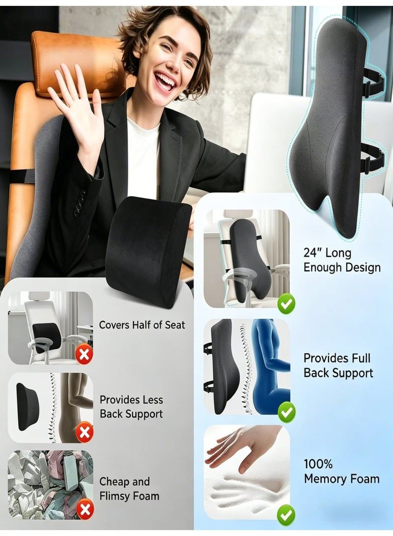 KELIO Lumbar Support Pillow for Office Chair - 24" Full Back Support Memory Foam Back Cushion for Back Pain Relief, Ergonomic Backrest Pillow with Dual Adjustable Straps for Office Chair, Gaming Chair, Car Seat, Sofa - Image 3