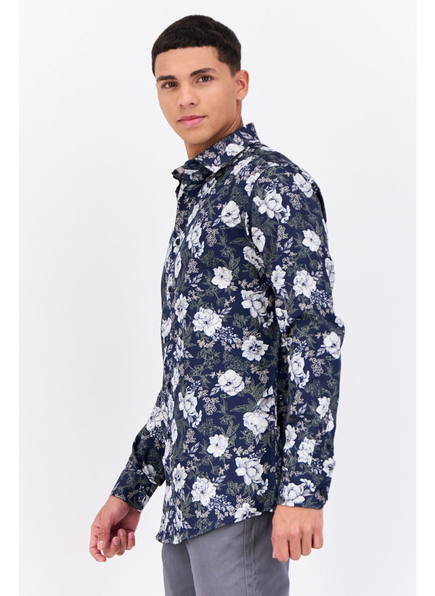 Selected Homme Men Slim Fit Floral Print Long Sleeve Casual Shirt, Navy Combo  - Image 2