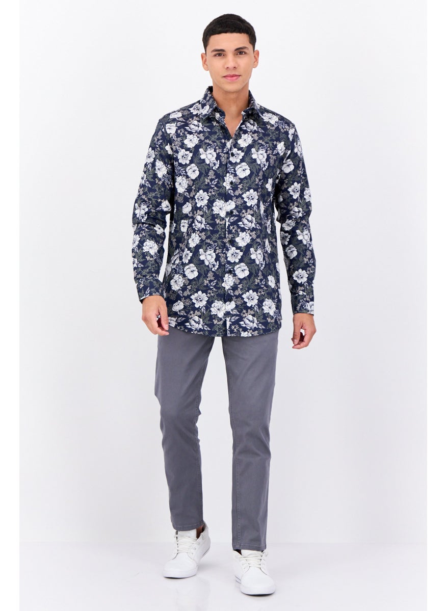 Selected Homme Men Slim Fit Floral Print Long Sleeve Casual Shirt, Navy Combo  - Image 4