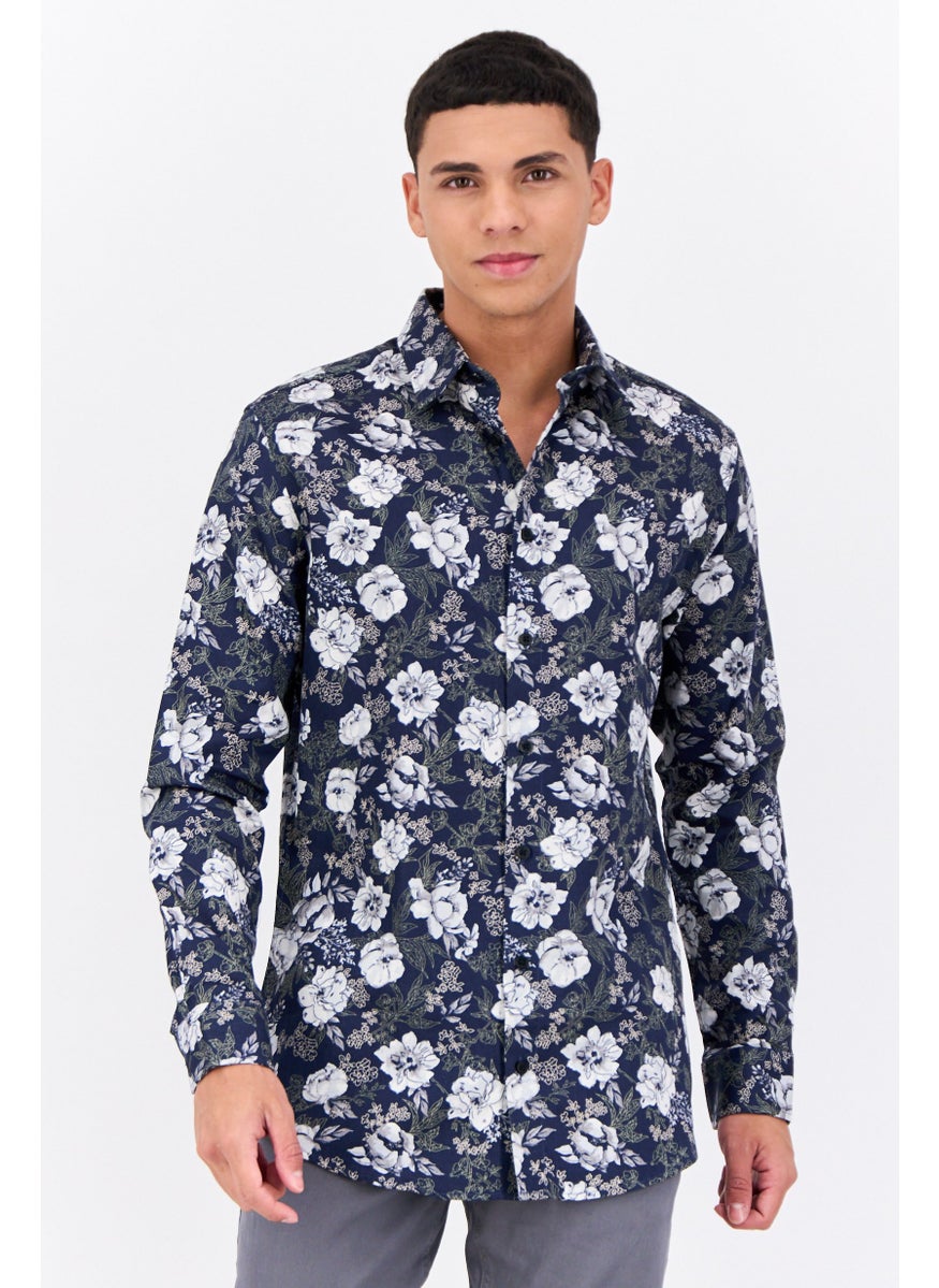 Selected Homme Men Slim Fit Floral Print Long Sleeve Casual Shirt, Navy Combo  - Image 1