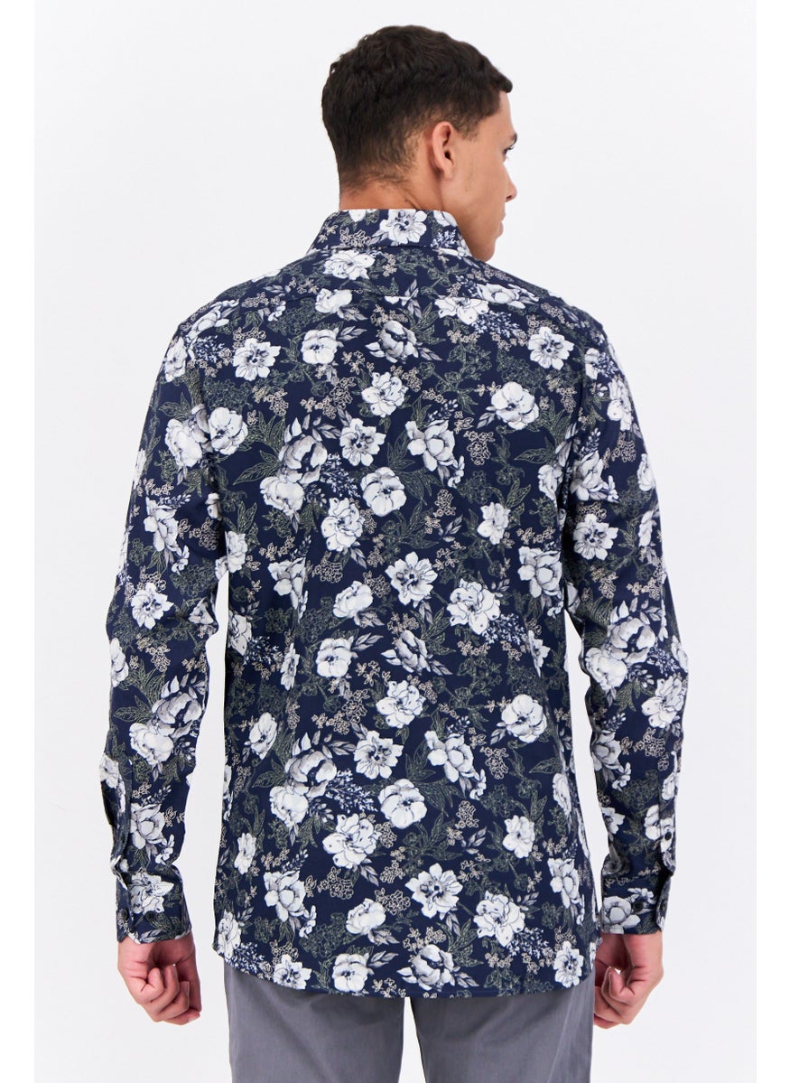 Selected Homme Men Slim Fit Floral Print Long Sleeve Casual Shirt, Navy Combo  - Image 3