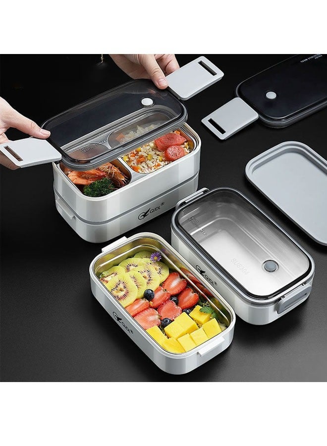 صندوق غداء مزدوج الطبقات من الفولاذ المقاوم للصدأ، أرز محكم الغلق، مناسب للطلاب وموظفي المكاتب، مع أدوات مائدة وحقيبة للحفاظ على الحرارة، يحافظ على الحرارة على المدى الطويل - Image 2