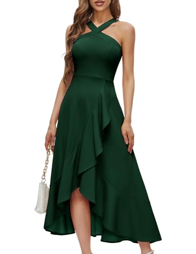 Bbonlinedress Women Green Halter Cocktail Prom Formal Wedding Guest Dress Plus Size Evening Party Ruffled Maxi Hi-Lo Dress Dark Green 2XL - Image 1